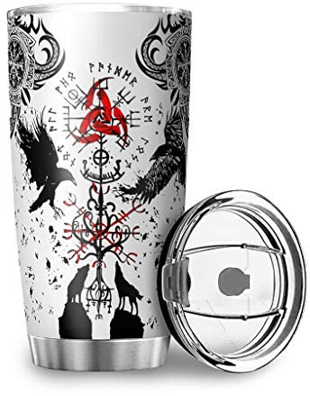Zbbfwu Wikinger Tattoo Muninn Krähe Kaffeebecher to go Thermobecher Edelstahl Auslaufsicher Kaffeetasse Reisebecher white9 600ml
