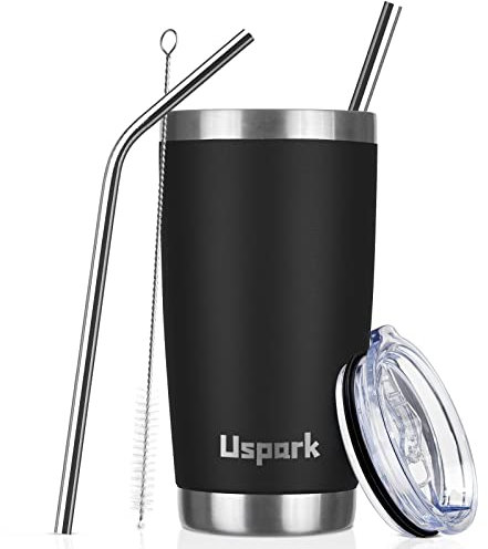 UsparkMC 550ml Thermo Trinkbecher aus Edelstahl mit Strohhalm,20oz Coffee to go Becher mit Deckel, Doppelwandig Vakuum Isolierbecher für heißen und kalten Kaffee (20oz/550ml,black)