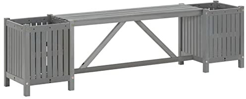 MOONAIRY Gartenbank mit 2 Pflanzkübeln, Eckbankgruppe, Philosophenbank, Bank Garten, Sitzbank Outdoor, Umkleidebank, Balkonbank, Essbank, Parkbank, Multifunktionsbank, 150 cm Massivholz Akazie Grau