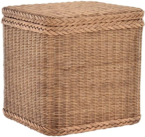 Rattan Wäschekorb Wäschetruhe Aufbewahrungsbox mit Deckel Wäschesammler Sitz-Truhe (Quadratisch, Vintage Braun)