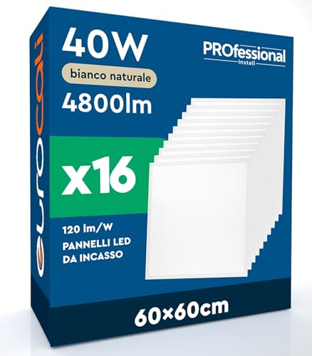16 Pannelli LED 60x60 40W Quadrati da Incasso 4800 Lumen - Luce Naturale 4000K - Plafoniera da Ufficio Alta Luminosità 120 lm/W Lampada da Soffitto per Controsoffitti Modulari