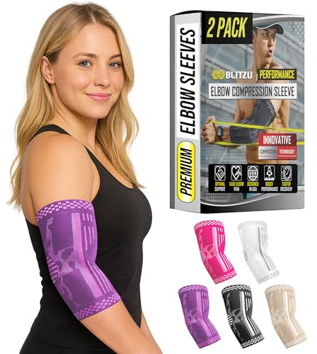 BLITZU Elbow Compression Sleeve for Tendonitis 2 Pack, Tennis Elbow Brace Support for Men and Women Golfers Elbow Pain Relief, Arthritis, Bursitis, Arm Brace for Workout, Weightlifting Purple M