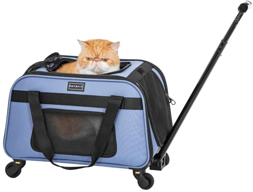 Petsfit Pet Carrier with Wheels, Rolling Cat Carrier for Small Cats, Airline Approved Pet Carrier with Telescopic Handle Perfect for Travelling Under 13lb,Blue