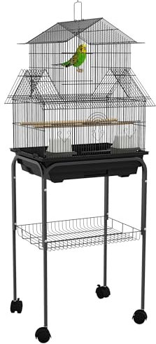 PawHut Gabbia per uccelli design casa mangiatoie posatoi 3 porte vaschetta per escrementi estraibile + maniglia per il trasporto 50,5 x 41 x 121 cm nero