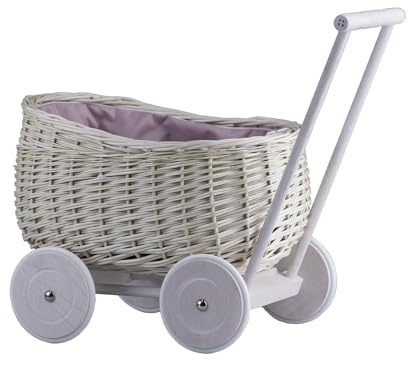 e-wicker24 Carrito de mimbre colgante de cesta, carrito de muñecas para niños y niñas, juguete de mimbre (crema)