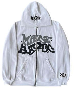 LIXQQS Hoodie Graffiti Tendance Y2K Hommes, Veste Zippée Oversize pour Un Look Urbain Streetwear, Sweat à Capuche Rétro Américain, Streetwear Hip Hop(White,M)