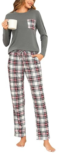 Aseniza Pigiama Donna Invernale Cotone Lungo Pigiama da Donna Due Pezzi Manica Lunga e Pantaloni Lunghi a Quadri Pigiami con Tasca Grigio Scuro, S