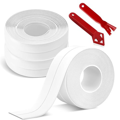 SUPRROW Juego de 3 rollos de cinta de sellado autoadhesiva, resistente al agua, cinta de sellado para juntas de ducha, con 2 herramientas de sellado para baño, cocina, baño, esquina (38 mm x 3,2 m)