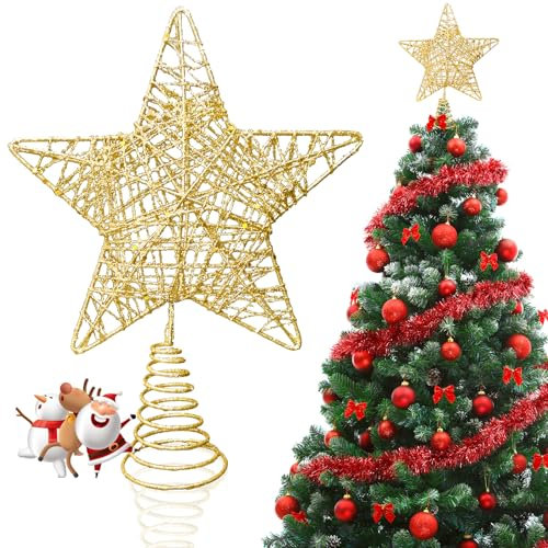 Puntale Albero Natale Oro, Glitter 3D Topper Stella Albero di Natale 18 cm x 23 cm, Forma di Stelle Punta dell'Albero Decorazioni per Accessori Addobbi Albero di Natale