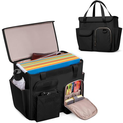 Prokva Hanging File Organizer Box with Lid, Portable Document Organizer Bag with Handle, Suitable for Letter Size Hanging File Folders, Black