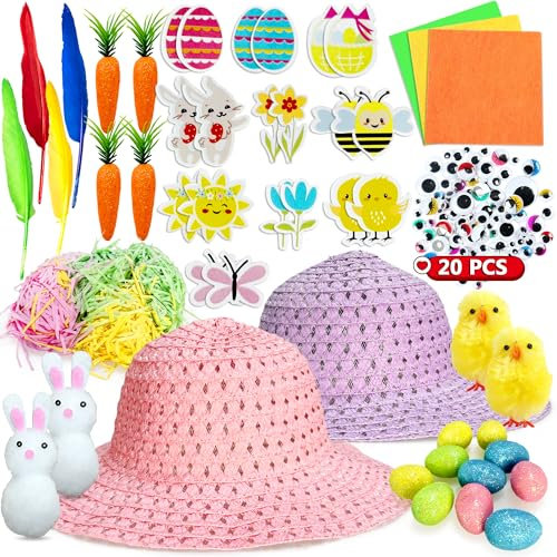 Edmirfun 2Pcs Sombrero De Pascua Diy, Con Pollitos, Conejitos, Huevos, Materiales Para Manualidades De Pascua, Manualidades De Pascua Para Niños, Regalos Creativos De Pascua Para Niños (Rosa y Morado)