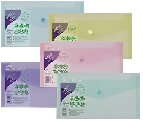 Snopake [100% Recycled] DL Reborn Polyfile Popper Wallet with Press Stud Closure – Pastel Asstd [Pack of 5] Ref: 15908