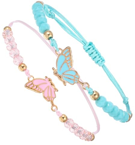 Bewudy 2 Stück BFF-Armbänder, Verstellbare Schmetterling Freundschaftsarmbänder Schmetterlingsarmbänder Freundschaftsarmband für Damen Beste Freunde Schmuckgeschenke Matching Bracelets(Blau+Rosa)