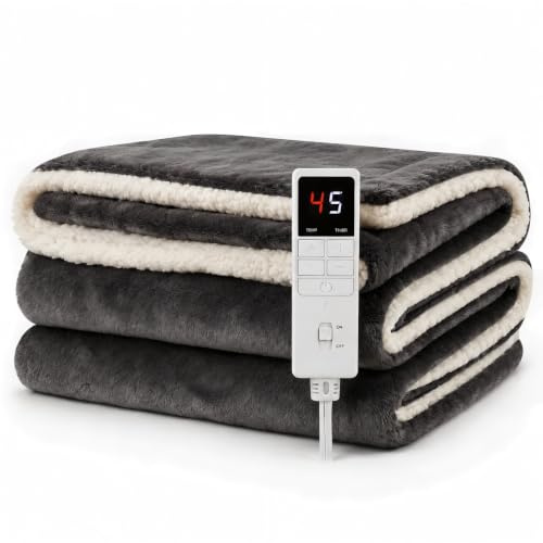 Centhermy Heated Blanket Electric Throw 160 x 130 cm, Dark Grey | 9 Adjustable Heat Settings, 1-9h Timer & Auto Shut-Off, Soft Flannel & Sherpa, for Sofa, Bed & Office, Machine Washable