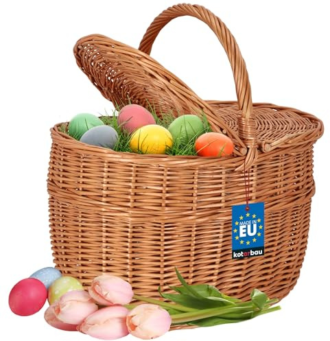 KOTARBAU Shoppingkorg – förvaringskorg – flätad korg – 29 x 41 cm – svampkorg – korg för frukt – picknickkorg – naturlig färg – med lock – flätad korg med handtag