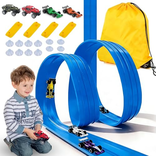 Circuit Voiture Flexible, Circuit de Course Flexible, 4 M Piste de Voiture avec 4 Voitures, Circuit Voiture Enfant, Piste de Course Portable Double Voies, Piste de Voiture Flexible Enroulable
