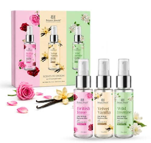 Botanic Hearth Hair Spray & Body Perfume Mist Set 30 ml Each (Pack of 3) | Wild Jasmine, British Rose & Velvet Vanilla With Hyaluronic Acid Alcohol-Free Fragrance Leave-in Spray | For Women & Men