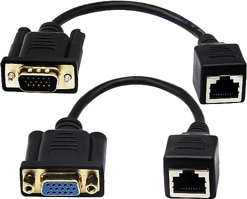 zdyCGTime RJ45 till VGA-kabel, VGA 15-stifts port hona och hane till RJ45 hona Cat5/6 Ethernet LAN-konsol för multimedia video (18 cm/7 tum) 2-pack