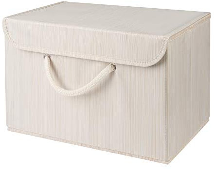Beige Fabric Storage Box with lid. Stackable and Foldable. For wardrobes, shelves, clothes, bedroom, office, cupboard, keepsake memory box, crafts, toys, shoes, socks. Rope Handle 37x25x25cm