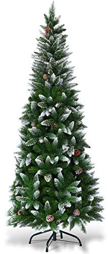 COSTWAY Árbol de Navidad Slim/Estrecho 180cm, Arbol de Navidad Nevado con 29 Piñas, Pino Cubierto de Nieve, PVC de 630 Puntas, Arvore de Natal Soporte de Metal, Hogar Oficina Fiesta (180 cm)