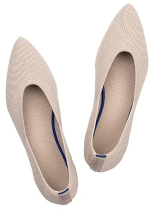 Frank Mully Womens Pointed Toe Flats Knit Dress Shoes Comfort Women Shoes Slip On Shoes for Woman Classic Softable Shoes Low Wedge Ecru, 8