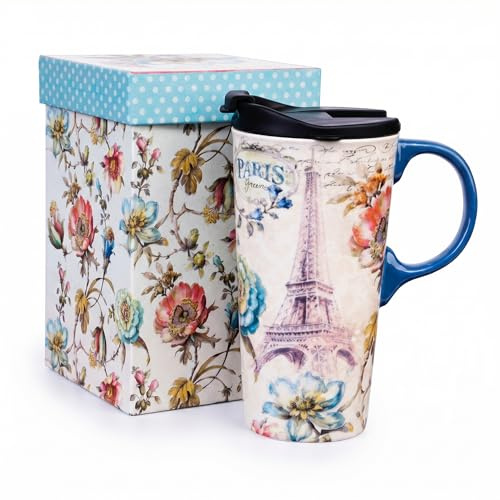 DUSVALLY 17oz Ceramic Travel Mug with Lid & Handle, Porcelain Coffee Cup with Gift Box, Dishwasher & Microwave Safe, Ideal for Daily Use, Commute & Gifting