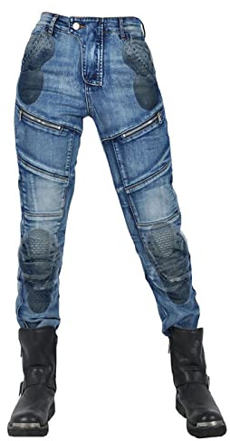 YuanDiann motorcykelbyxor motorcykel jeans stretch casual dam textil jeansbyxor slitstarka med förbättrade skydd, blå, L