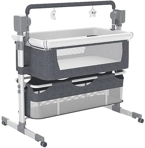 Musik-Babyschaukeln für Kleinkinder, Babywiege, Beistellbett, elektrisches Timing, Schaukelbett, 3-in-1, höhenverstellbares, zusammenklappbares Babybett mit Aufbewahrungskorb und (Dunkelgrau)
