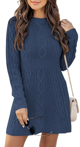 Ebifin Vestido de Punto para Mujer, Cuello Redondo, Jersey Elegante, Túnica de Invierno, Línea A, Minivestido, Azul Oscuro, XS