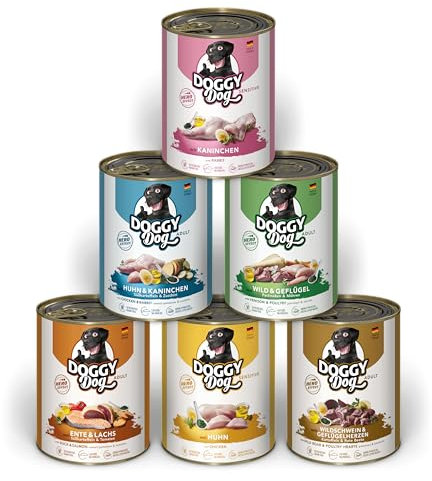 DOGGY Dog Paté Mix 2, 6 x 800 g, Nassfutter für Hunde im Probierpaket, getreidefreies Hundefutter mit Lachsöl und Grünlippmuschel, Alleinfuttermittel mit hohem Fleischanteil, Made in Germany