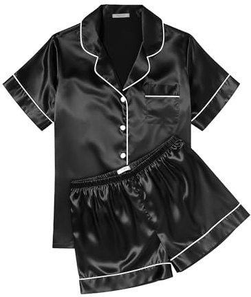 Ekouaer Womens Silk Satin Pajama Sets Soft Short Sleeve Button Down Sleepwear Top and Shorts 2 Piece Pjs Lounge Set,Black,M