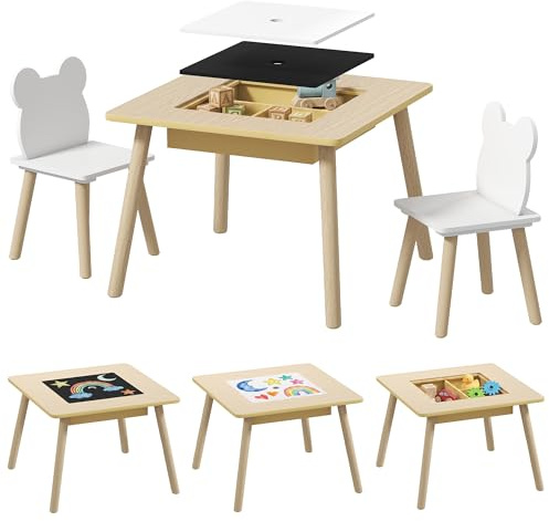 AIYAPLAY Set Tavolo e 2 Sedie per Bambini 3-6 Anni, Tavolo per Bambini 3 in 1 con Lavagna Rimovibile, Vano Contenitore e Sedie con Schienale a Orsetto, per Cameretta e Stanza dei Giochi, Colore Legno