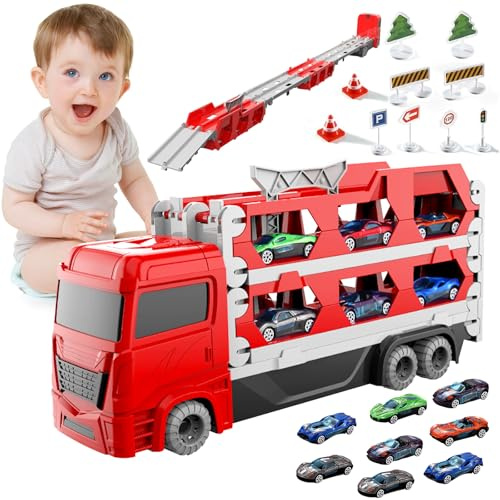 KIMIGO Camion Trasporto con 9 Auto da Corsa - Pista Portatile Giocattolo per Bambini dai 3-6 Anni