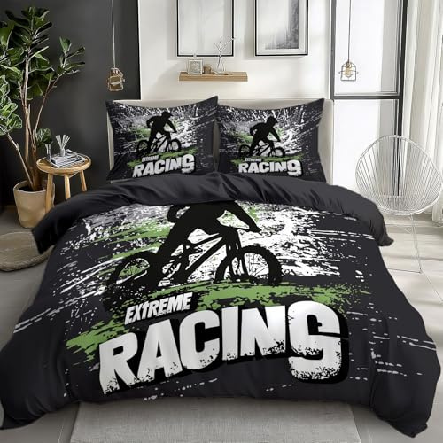 Juego de Funda Nórdica Reversible, Rock grunge motociclista deportivo extremo Juego de Ropa de Cama 105, Funda de Edredón para niños y niñas, tamaño doble, con 2 Fundas de Almohada, Antracita