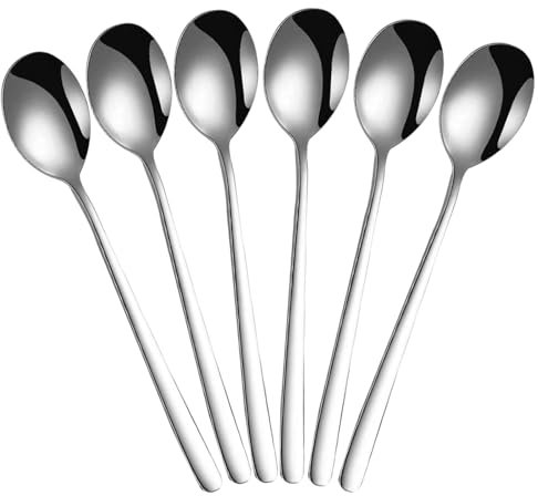 Souvik 304 Edelstahl Löffel Set 6 teilig Teelöffel Kaffeelöffel Espresso und Dessertlöffel Lange Löffel Ideal für Latte Macchiato Kaffee Desserts Hausgebrauch und Suppen