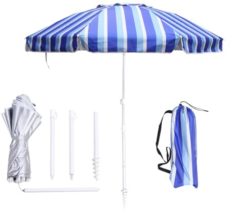 LOTTAFUN 6ft Beach Umbrella - Heavy Duty Wind Resistant UV 50+ Portable Sun Shade with Sand Anchor & Carry Bag, Outdoor Folding Umbrella for Beach, Pool, Patio, Garden (Blue Vertical Stripe) NO Tilt