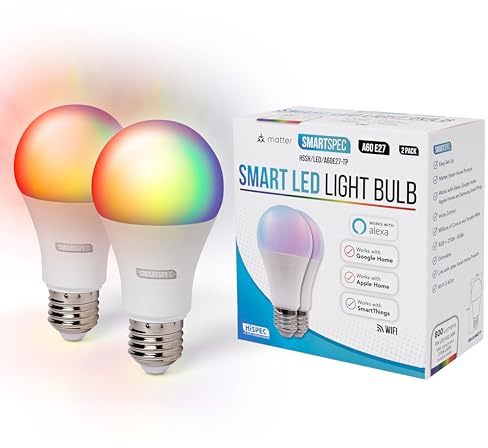 SMARTSPEC Smart Bulb 2 Pack, Smart WiFi LED Light. Works with Amazon Alexa, Google Home, Apple Home. Colour Changeable. Multicolour Smart Light Bulb NUUK-A60 ACK Matter E27