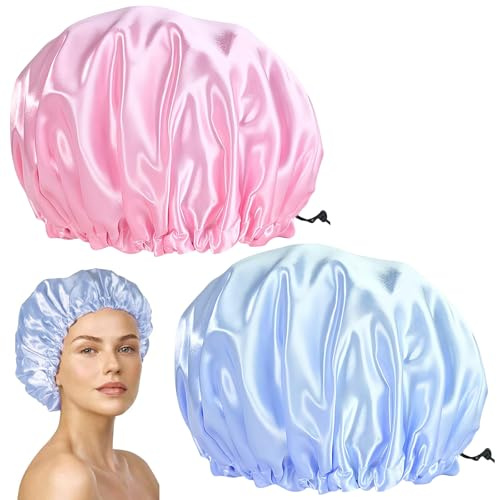 deegbbyi 2 Piezas Gorro de Ducha, Gorro de Ducha Reutilizable, Sombrero Baño Impermeable, Gorra Baño Mujer lavable, Banda Elástica de Doble Capa, para Spa Salón Viaje Hotel Hogar (Rosa,Azul)