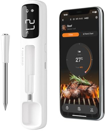Inkbird Mini Fleischthermometer Kabelloses, 1 Sekunde schnelle Reaktion Grillthermometer Bluetooth，IP67 Wasserdicht Bratenthermometer for BBQ Grill Smoker Ofen Rotisserie Airfryer