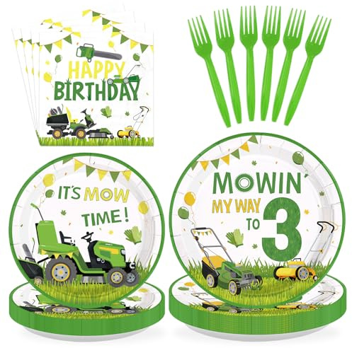 Greencian 96Pcs Lawnmower 3rd Birthday Party Supplies Lawn Mower 3rd Birthday Plates and Napkins Lawnmower Theme Party Tableware Set for Boys 3 Years Old Farm Themed Tractor Time Decoration Serves 24