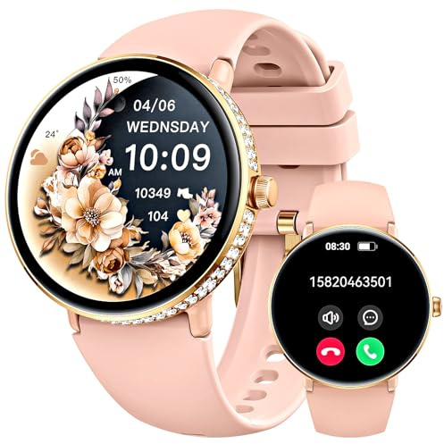 PAKRYS Smartwatch Donna con Diamanti, Effettua/Risposta Chiamate, 1.2 AMOLED Orologio Smartwatch 100+ Modalità Sportive Fitness Tracker with Cardiofrequenzimetro/Sonno IP68 Impermeabile (Oro rosa)