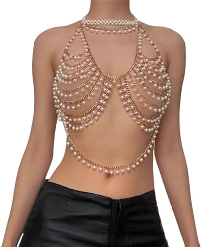 HDOYTXXM Crop Top con perle multistrato con allacciatura al collo, reggiseno a catena, corpetto senza maniche, abbigliamento per feste e festival, gioiello per il corpo da donna