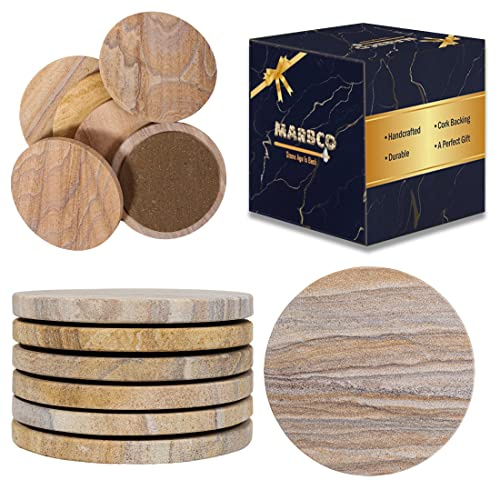 Marbco Sandstone Water Absorbent Hand Crafted Round Coasters for Drinks - 4 Inches Wide Thirsty Stone Bar/Drink Coasters- Made from Rainbow Sandstone (Set of 6 Without Holder)