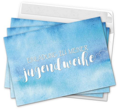 10 x Einladungskarten zur Jugendweihe mit Umschlag/blau Aquarell für Jungen und Mädchen/Jugendweihekarten/Einladungen zur Feier