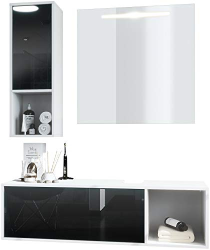 Vladon Set di mobili da Bagno Mobile Contenitore La Costa, Struttura in Bianco Opaco/Frontali in Nero Lucido con Specchio LED