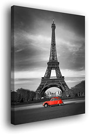 Genérico Cuadro Lienzo Canvas Torre Eiffel en Paris Blanco y Negro con Coche Rojo – Varias Medidas - Lienzo de Tela Bastidor Madera de 3 cm - Alta resolucion (33, 50)