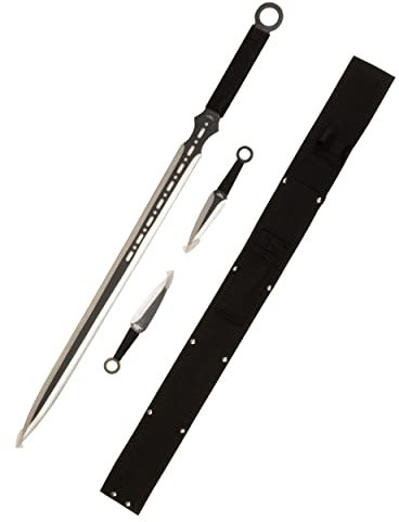 EIN Satz 1 Katana Ninja Schwert und 2 Wurfmesser scharf echt zum Training Metall Stahl Samurai Nur für Erwachsene 68 cm - 18 Jahre erforderlich FM-644D