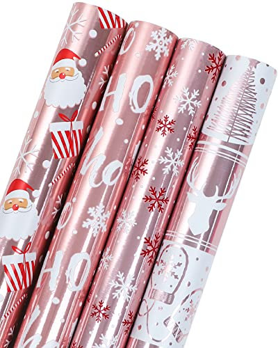 RUSPEPA Rotolo Di Carta Da Regalo Natalizia - Collezione Natalizia In Oro Rosa Con Babbo Natale, Fiocchi Di Neve E Renne Con Lucentezza In Lamina Metallica - 4 Rotoli - 76 cm X 305 cm Per Rotolo