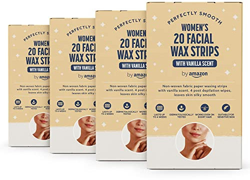 by Amazon Gesichts-Wachsstreifen mit Vanille-Duft, gewebtes, sanftes Stoffpapier mit 4 x Post-Depilations-Tüchern, 20 Stück, 4er-Pack