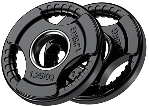 PhysKcal Olympic Weight Plates Set of 2 x 1.25kg with Rubber Finish 2’’ Opening and Tri-Grips, Black Barbell Plates Discs in Pair or Single for Lifting and Strength Training